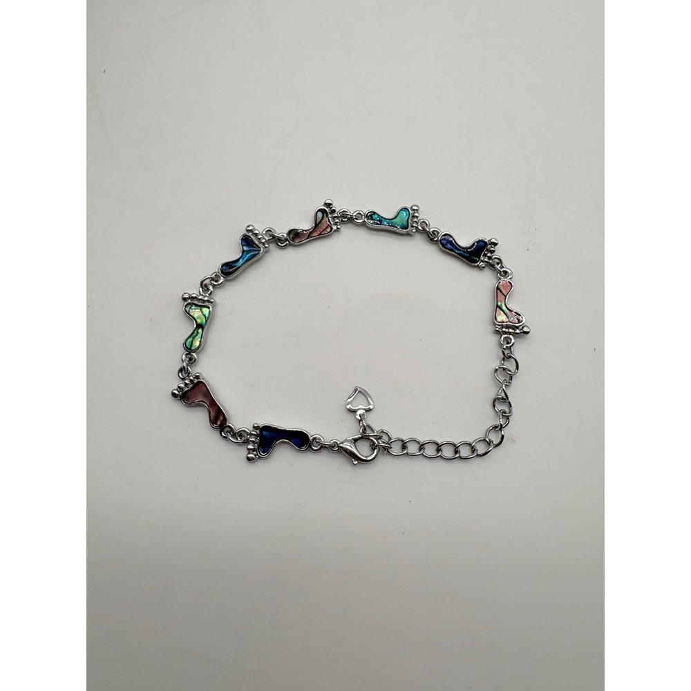 Silver Tone Footprint Charm Bracelet Abalone Shell Inlay Heart Accent